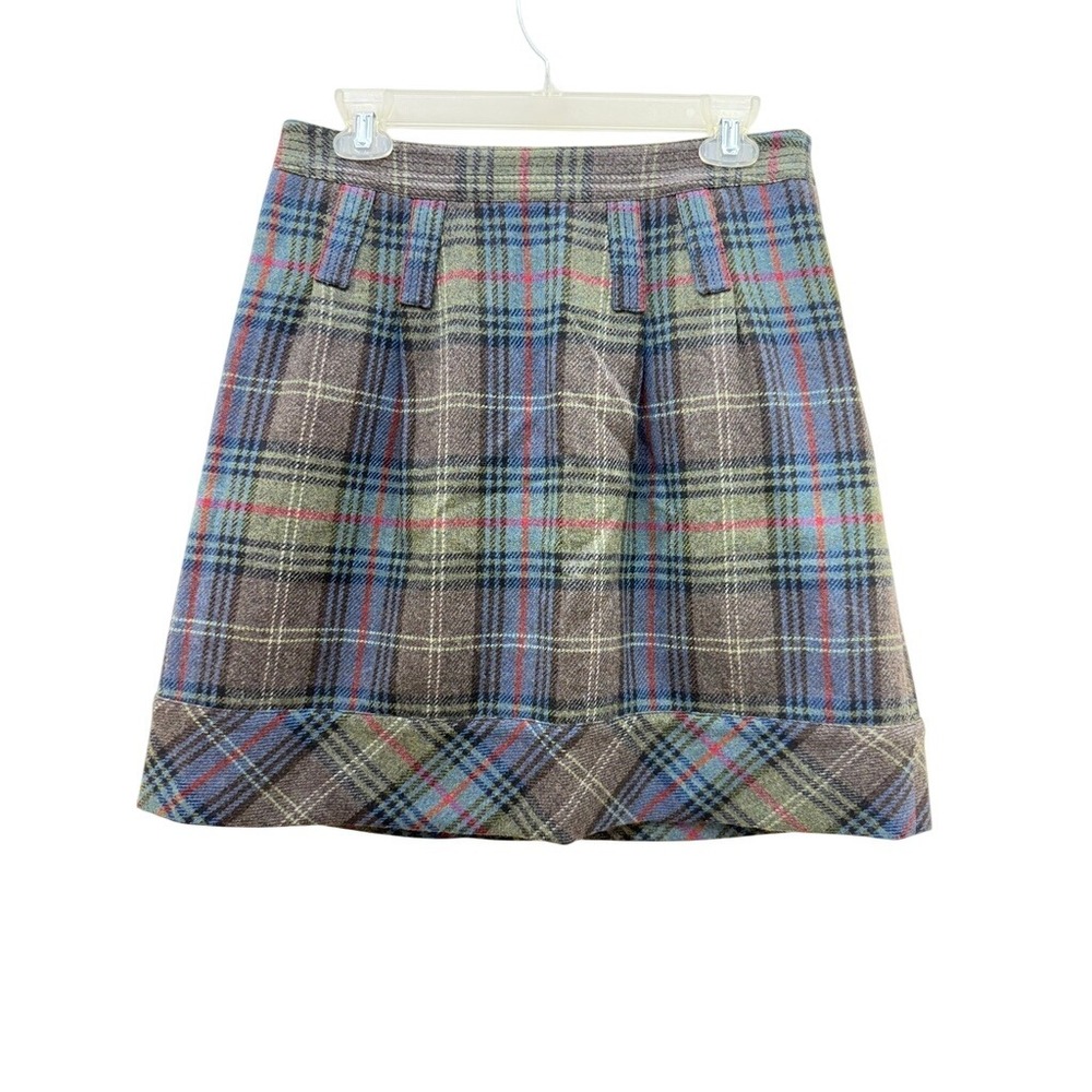 Faconnable Wool Plaid Skirt Size 8 Brown Blue Green A Line Academia Work Y2K‎